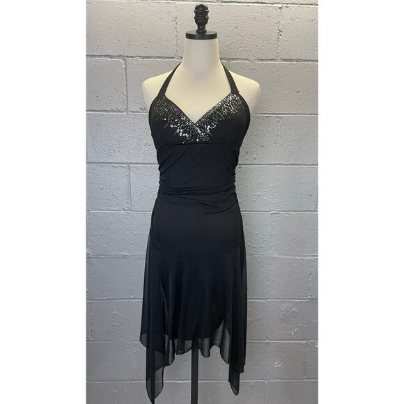 Vintage 90s Black Mesh Halter Dress Handkerchief Hem Sequined LG City Triangles - Picture 5 of 9